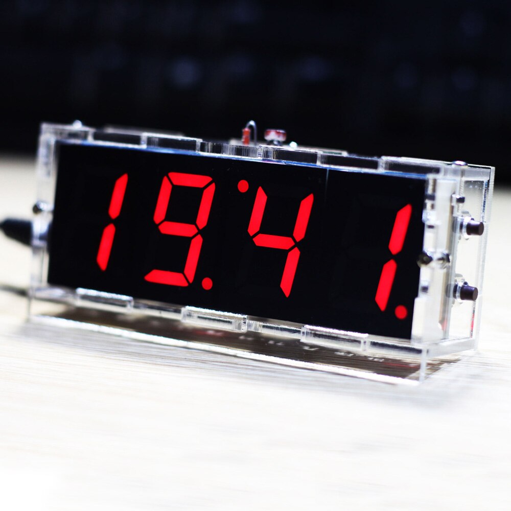 Kit de reloj Digital LED compacto para interiores y exteriores, pantalla de hora con Control de luz de 4 dígitos y fecha de temperatura con funda transparente: Rojo