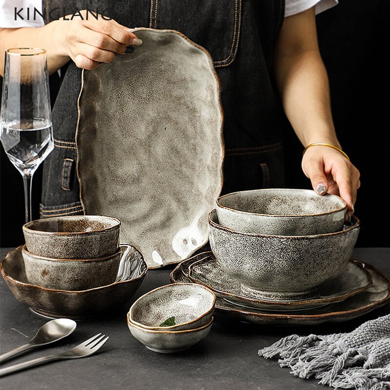 Kinglang Japanse Stijl Retro Rijstkom Keramische Diner Plaat Enkele Servies Salade Voedsel Schotel Grote Ramen Soepkom