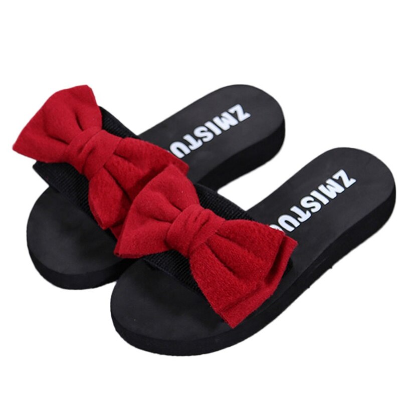 Été en dehors de papillon-noeud pantoufle femmes compensées intérieur extérieur tongs dames chaussures de plage: Rouge / 37