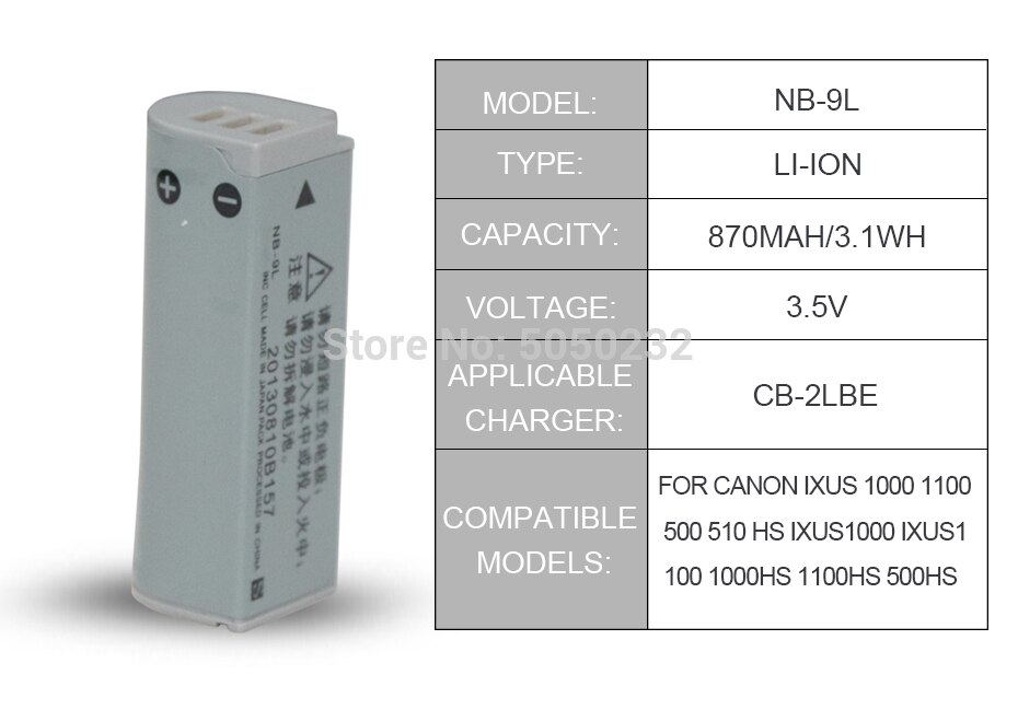 3.5V 870mah NB-9L NB9L Batteries for Canon ELPH 510 520 530 HS SD4500 IS IXUS 1000 1100 500 510 HS IXY 1 3 50S