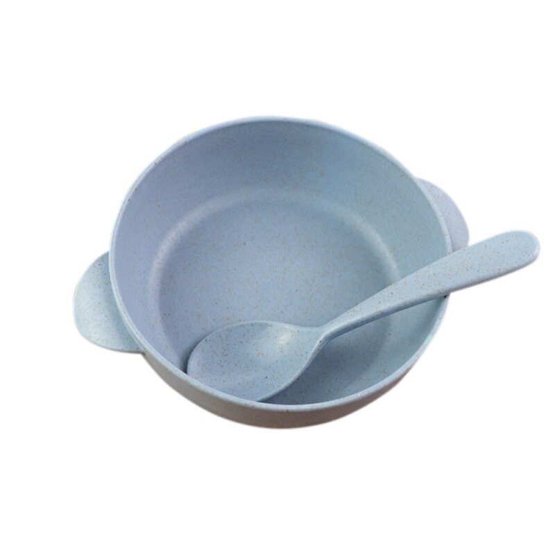 Conjunto de utensílios de mesa de palha de trigo bebê tigela de jantar crianças dos desenhos animados prato de jantar colher de tigela de treinamento do bebê para crianças: Azul