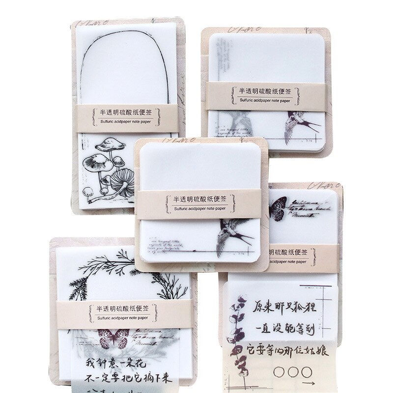 Translucent Sticky Notes Vlinder Guirlande Swallow Paddestoel Schrijven Pads Plant Woord Memo Pads Dagelijks Retro Plant Diy Hand Sticker
