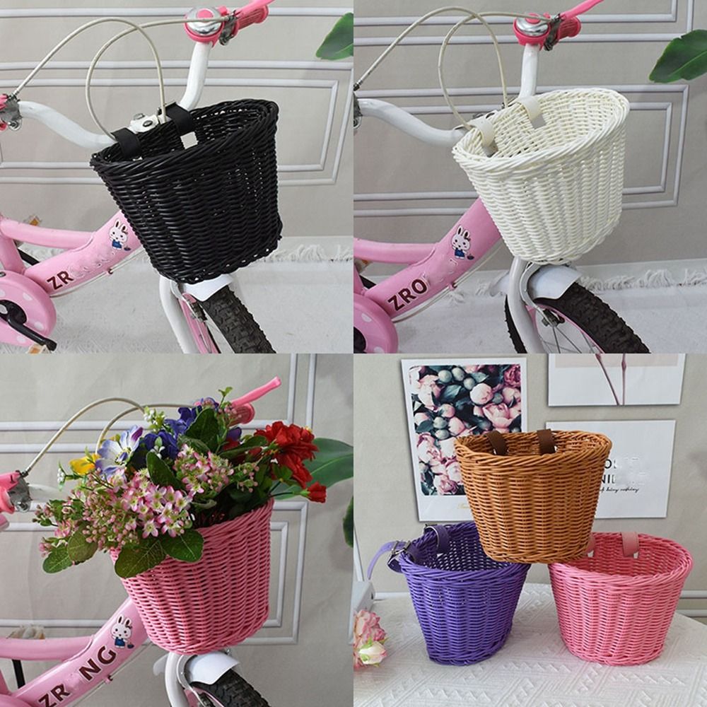 Cesta de bicicleta de mimbre de para niños con cinturón, bolsa de almacenamiento de bicicleta de 10 estilos, cesta para manillar delantero, accesorios para bicicleta