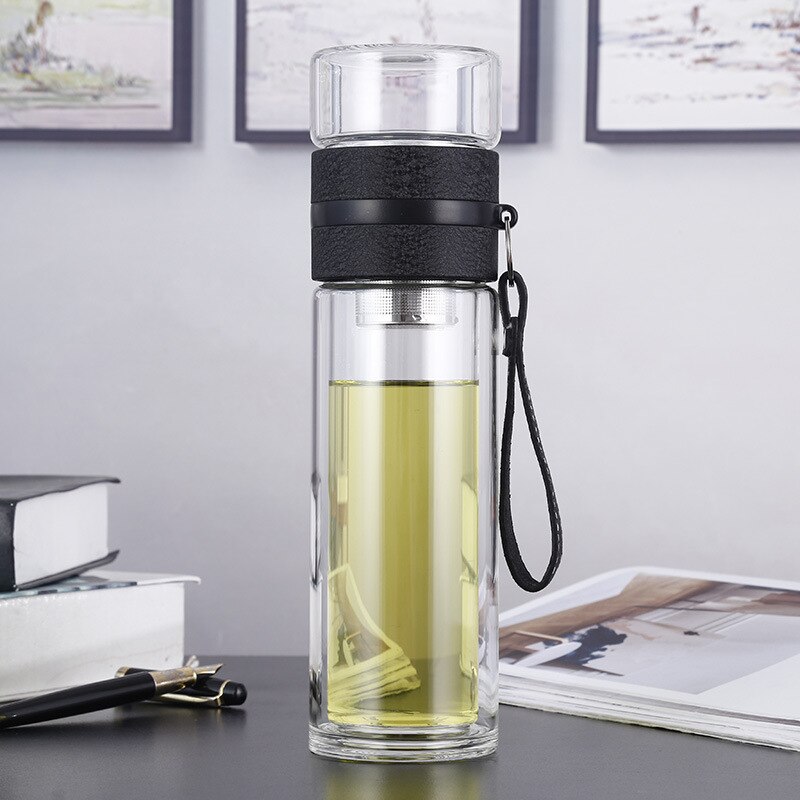 500ML Glass Water bottles for dink tea with infuser Double Wall Bottle for water brief Portable outdoor ST195: black