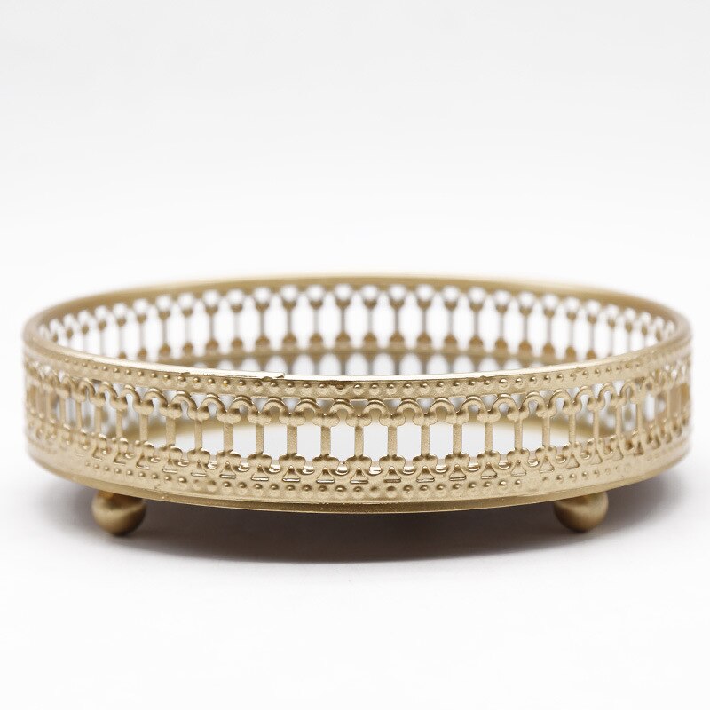 Retro golden iron glass metal storage tray golden round fruit tray desktop small items jewelry display tray mirror