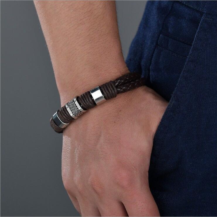 Black Men PU Leather 1PC Punk Boys Unique Zinc Alloy Weave Knit Brown charm Bracelet
