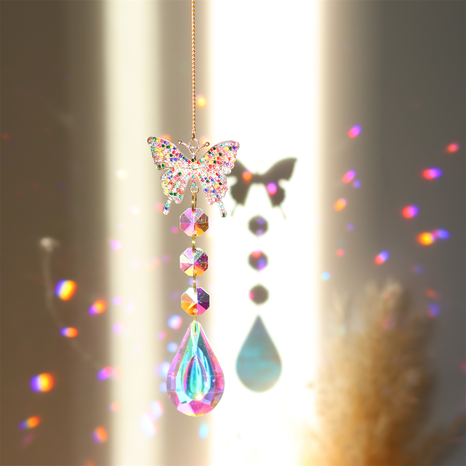 Crystal Diamond Moon Sun Catcher Butterfly Lotus Rainbow Christmas Decoration Home Garden Decoration Wind Chime: army green