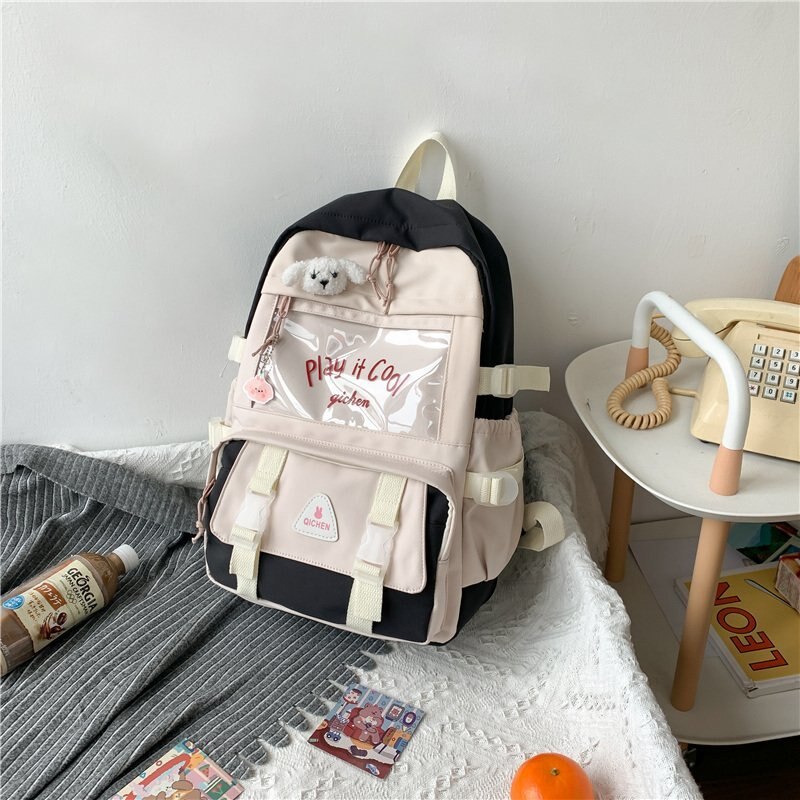 Waterdichte Badge Ita Vrouwen Rugzak Transparante Contrast Kleur College Gilrs Schooltassen Vrouwelijke Flap Multi-Pocket Laptop Rugzak: Black