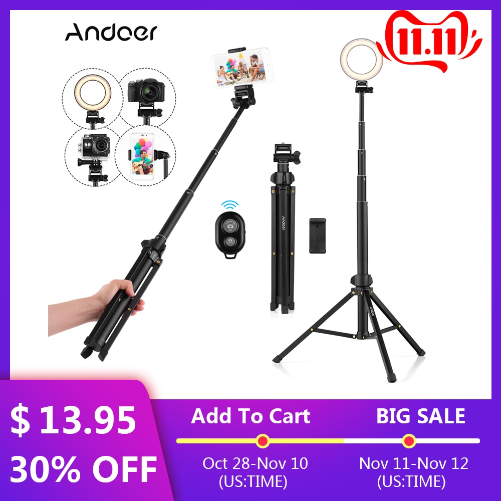 Andoer 1.5M/59 &quot;2-In-1 Statief + Uitschuifbare Selfie Stok Aluminium Legering Met telefoon Houder Afstandsbediening Sluiter Voor Iphone Android