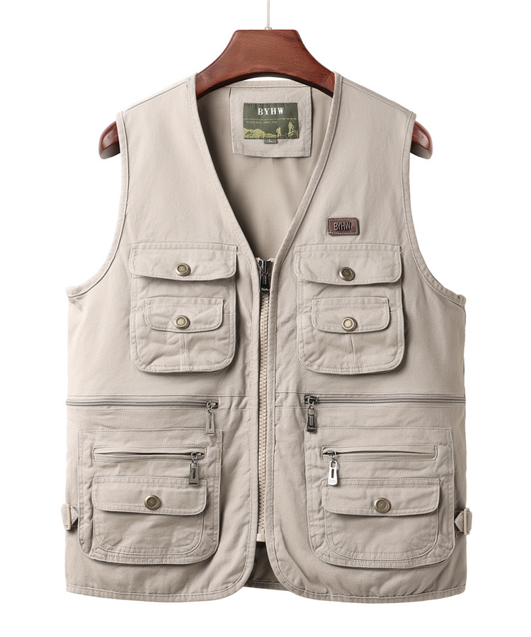 Herenvest met meerdere zakken, mouwloos jack, cargo vest voor heren, outdoor werkkleding, reis- en wandelvest, katoenen vest: Ik / Beige