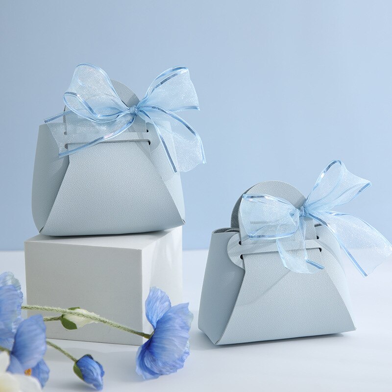 20 Pcs Draagbare Lederen Wedding Candy Box Met Lint Wedding Party Eenvoudig Te Monteren Kleine Bag: Blue-2