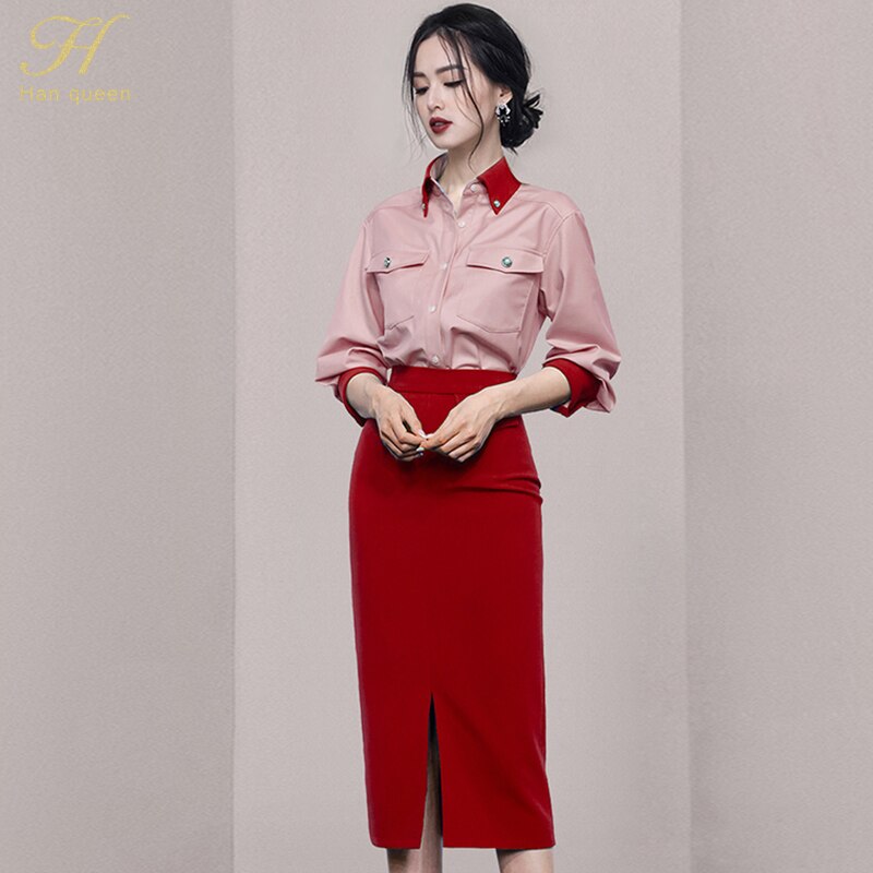 H Han Queen Women Work 2 Pieces Set Pocket Long Sleeves Blouses &amp; Split Sheath Pencil Skirt Korean Simple Skirt Suit