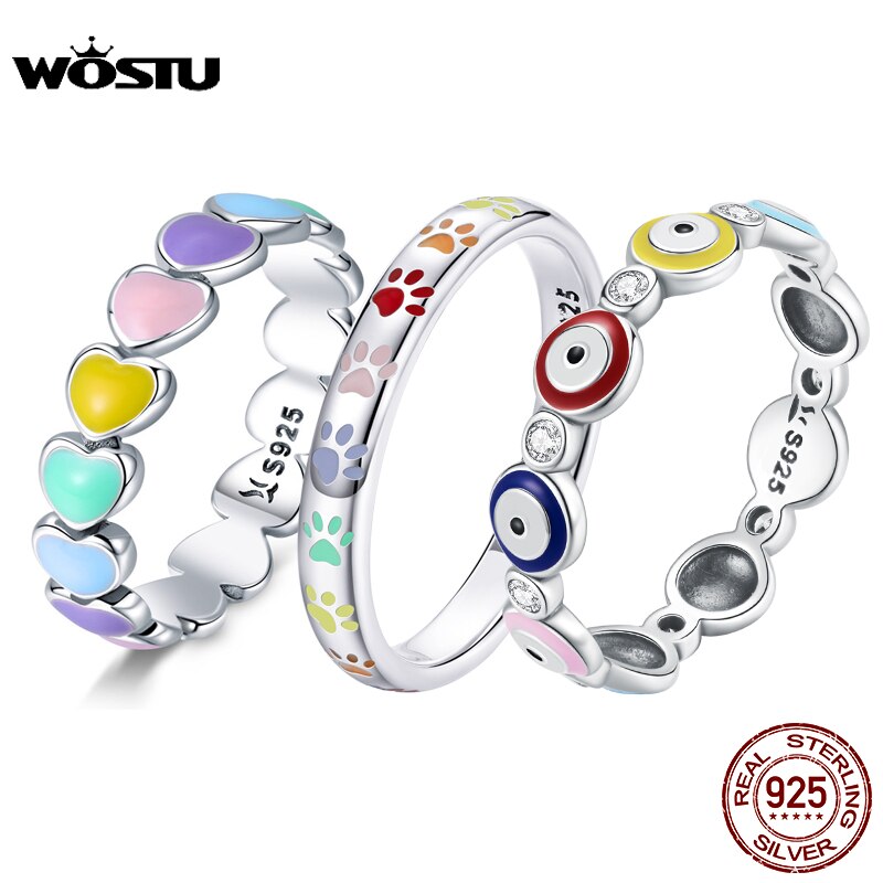 WOSTU 925 Sterling Silver Rings Demon Eye Rainbow Heart &amp; Paw Colorful Finger Rings For Women Female Fine Jewelry