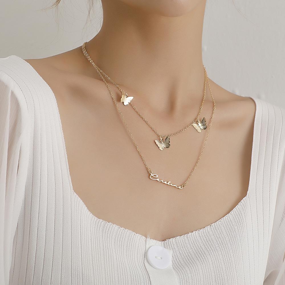 Mooie Vlinder Hanger Ketting Goud Dubbele Kralen Ketting Verklaring Choker Ketting Voor Vrouwen Sieraden Accessoires: XL1354