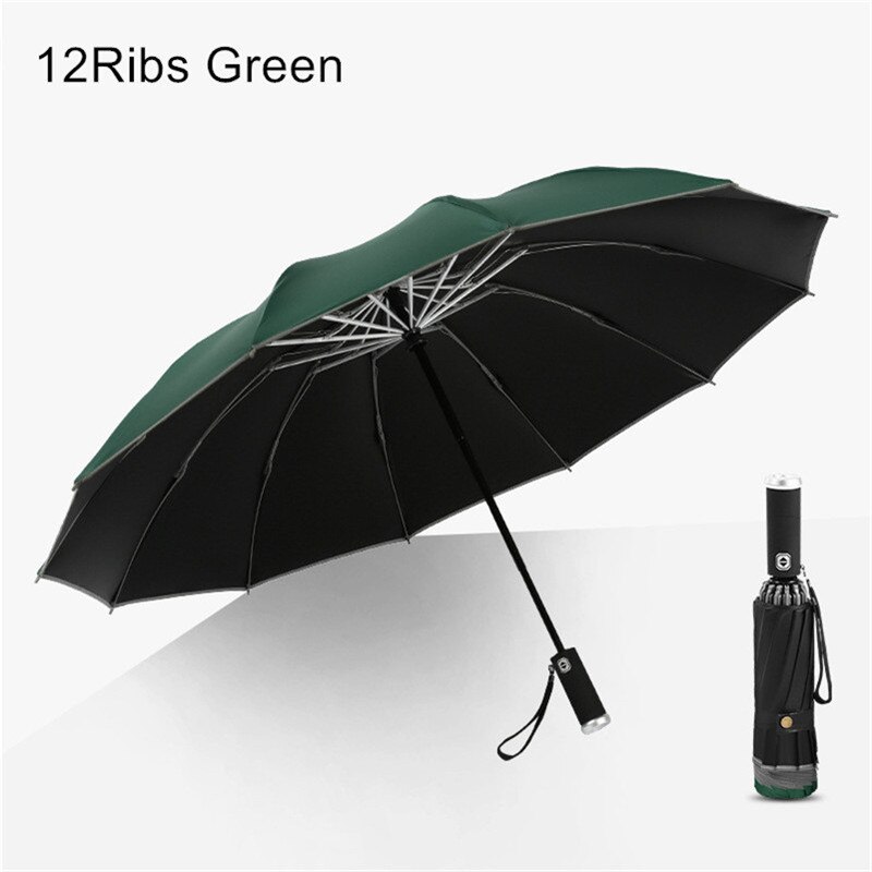 Automatic Reverse Umbrella Women 3 Fold Reflective Strip Umbrella Rain Men Parasol LED Light Windproof Parapluie Rain Gear EB5YS: 12ribs Green