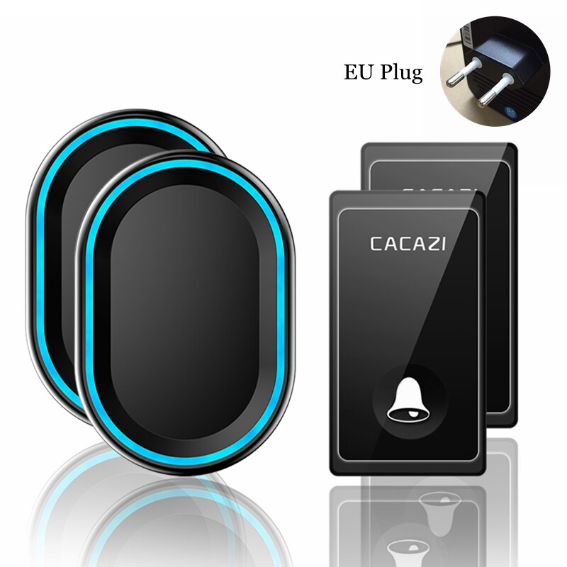 CACAZI No Battery Required Wireless Doorbell 2 Buttons 2 Receivers US EU UK Plug Self-powered Waterproof Smart Home Call bell: black 2x2 EU