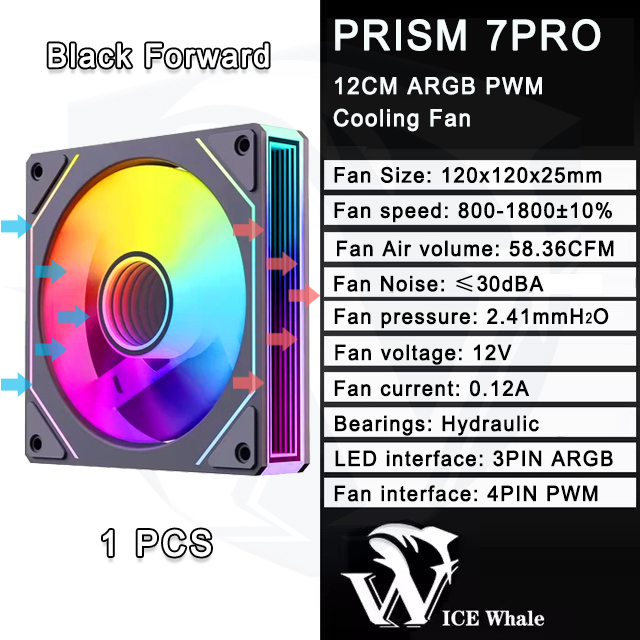 ICE Whale PRISM 7PRO 120mm ARGB Case Fan 1800RPM 4PIN PWM Ventilador de resfriamento silencioso de grande volume de ar: GOLD
