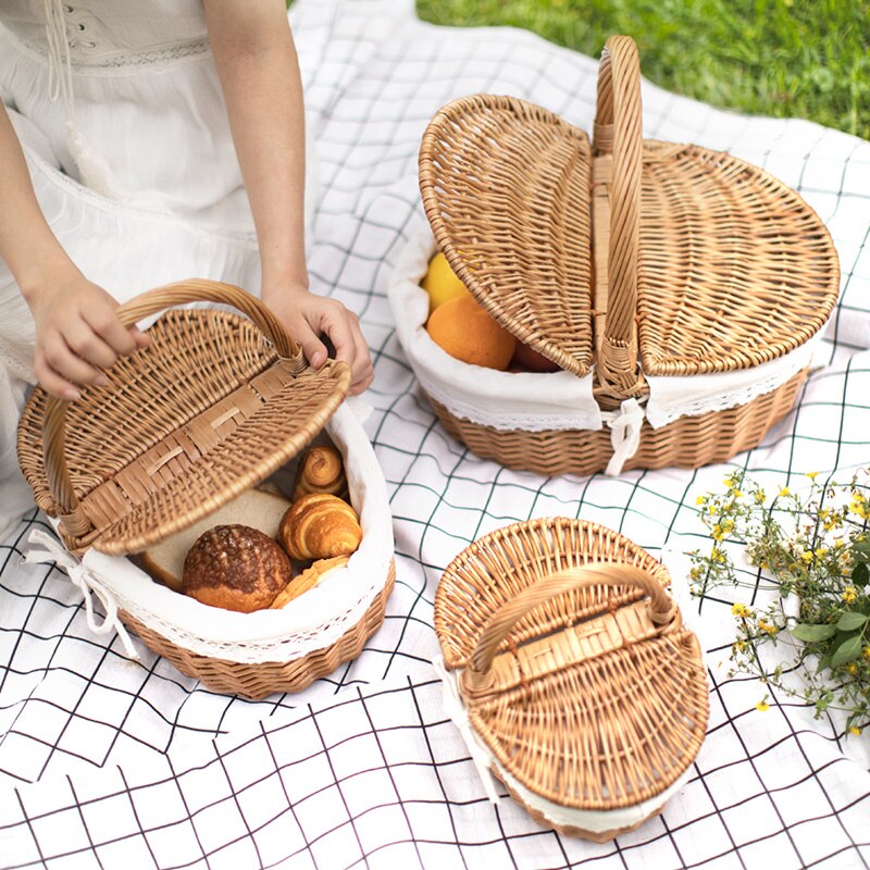 Cesta de Picnic hecha a mano, bolsas de mimbre para el almuerzo, cesta de almacenamiento de Compras de para Camping con tapa, cesta de almacenamiento de alimentos tejida para mujeres, cesta para fruta