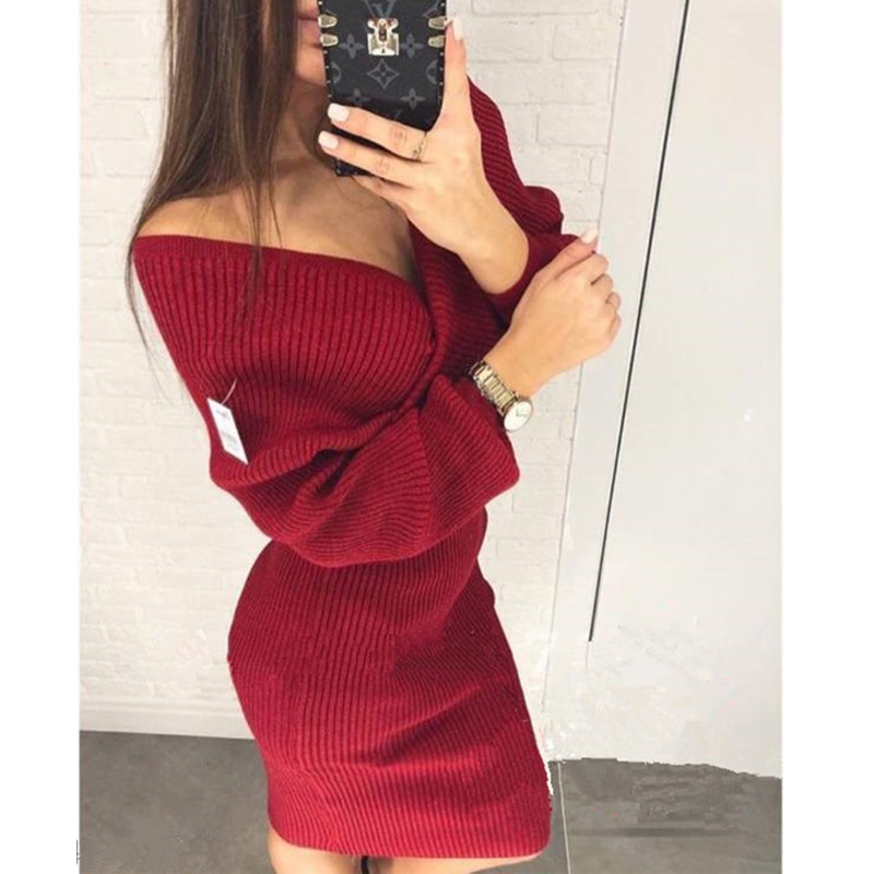 V-neck Knitting Sweater Women Set 2 Piece Pullovers Skirt Outfits For Women Suit Casual Shoulder Off Top Pack Hip Women Set