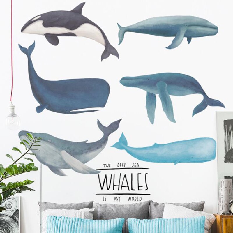 DIY Cartoon Ocean Animals Whale Dolphin Sharks Wall Stickers for Kid's Room Decor Bedroom Bathroom Decoration art Mural Decals