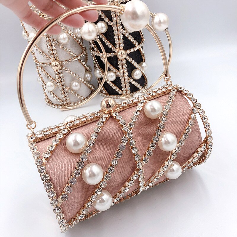 Luxe Diamant Feestavond Clutch Bag Voor Vrouwen Parel Strass Tas Hollow Out Portemonnees En Handtassen Bruiloft Kooi Tas