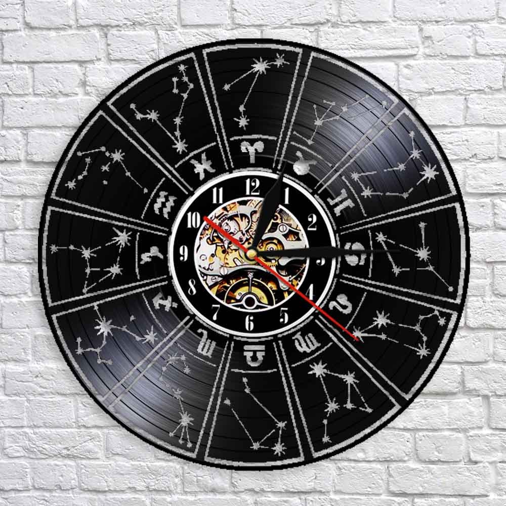 Vinyl Home Decor Wall Clock Zodiac Sign Vinyl Record Wall Clock Astrology Stars Decorative Wall Watch Clock Zodiac