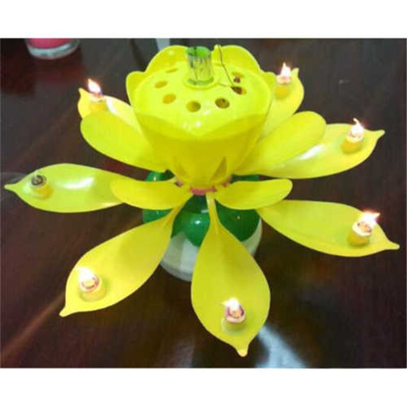 1pc smukke blomster lotusblomstlys fødselsdagsfest kage musik gnistre kage topper roterende lys dekoration: Gul