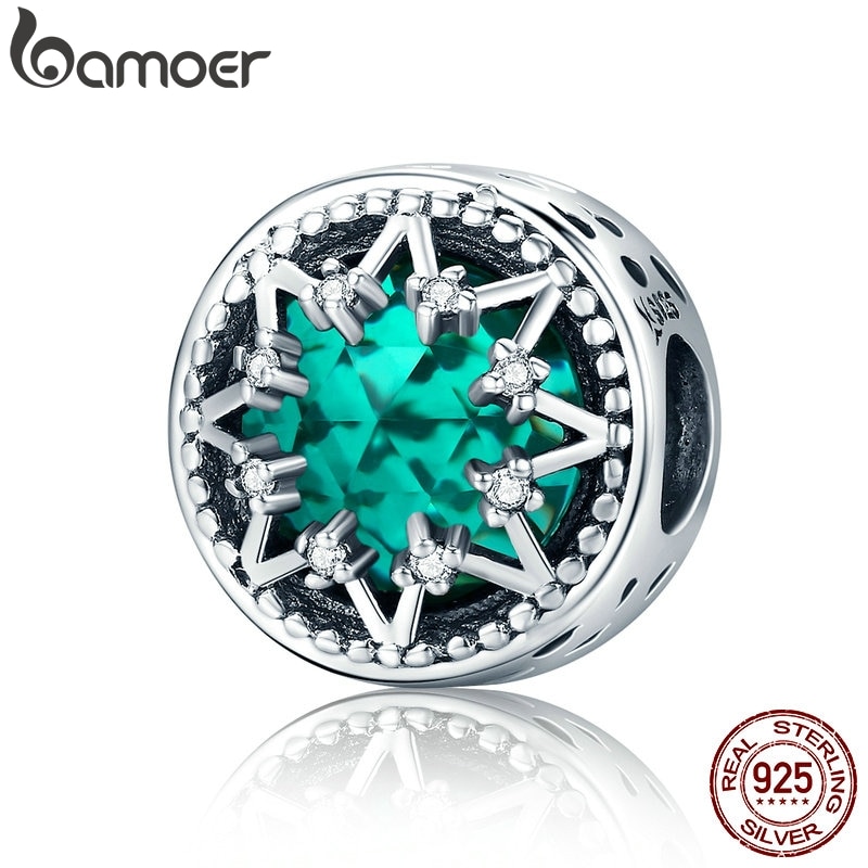 Bamoer romântico 925 prata esterlina brilhante floco de neve contas de cristal verde ajuste feminino pulseira jóias presente natal scc308