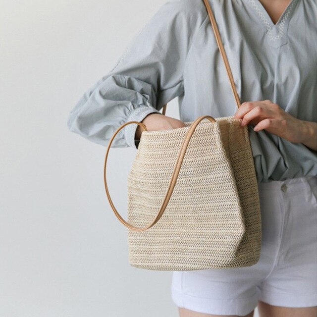 Yogodlns – sacs de plage en paille pour femmes, sac seau tissé en lin, grands sacs à main décontractés, fourre-tout tricoté en rotin, sac à bandoulière: Default Title