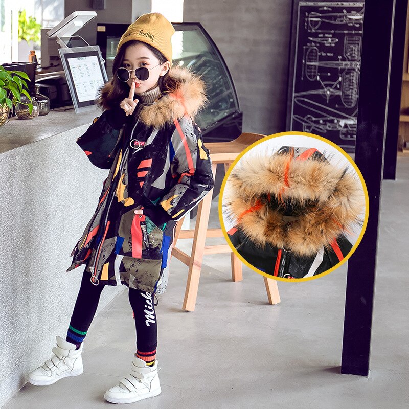 Children Winter Jacket Girl Winter Coat Kids Warm Thick Fur Collar Hooded Long Down Coats For Teenage 4Y-14Y