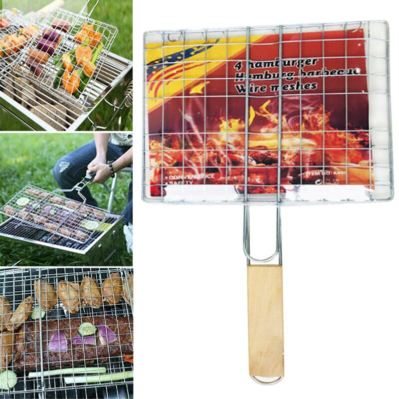 BBQ Long Handle Grill Rack Meat Burger Fish Foldin... – Grandado