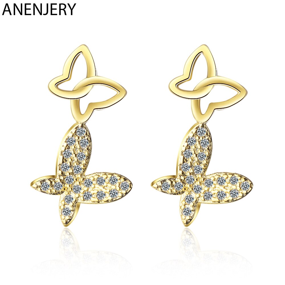 ANENJERY Süße Zarte Schmetterling Ohrringe Silber Farbe Zirkon Ohrringe Für Frauen S-E856