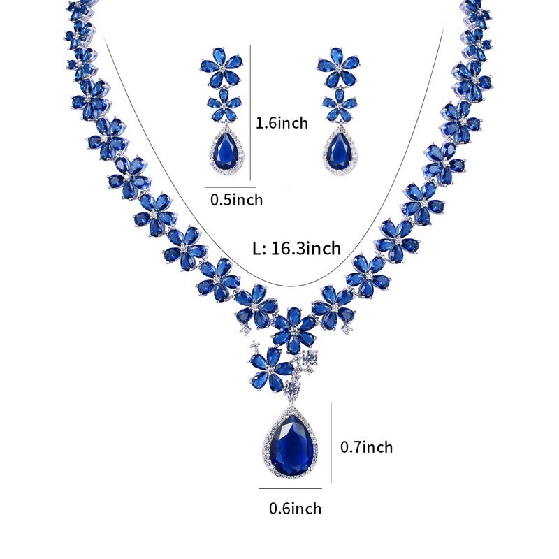 Aaa conjunto de joias para noivas, conjunto de joias para casamento, colar e brinco cúbico de zircônia cz em vermelho ou azul cores