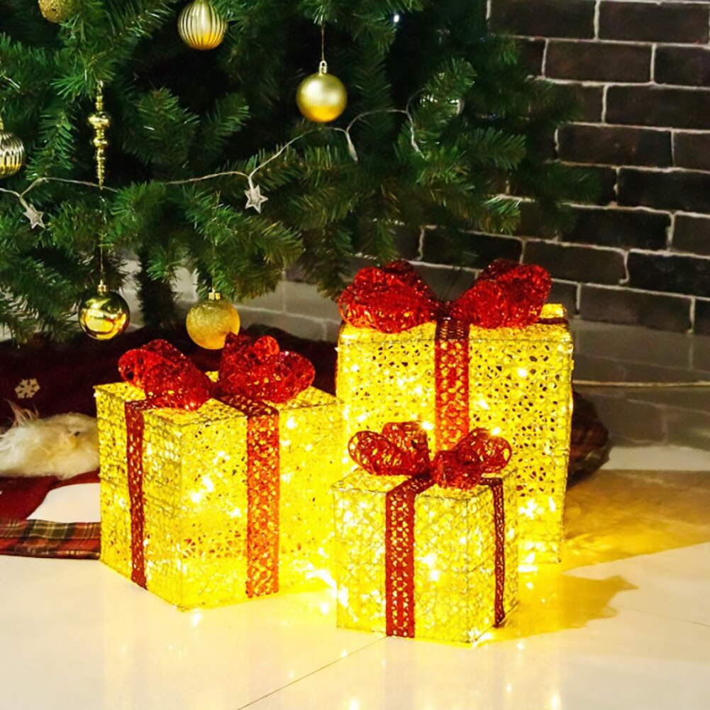 3PCS Christmas Xmas Lighted Boxes Iron Golden With Plug Art Christmas Decorations For Home Natale