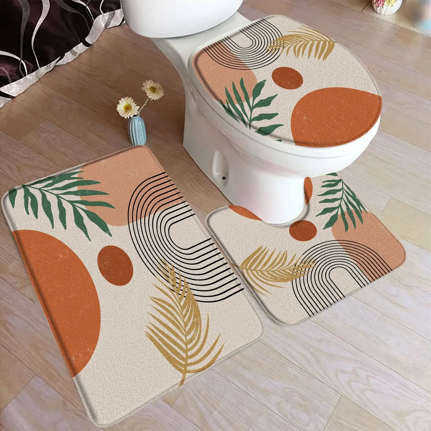 Abstrakt bademattesett fra midten av århundret svart linje grønt blad moderne geometrisk boho hjem teppe baderomsinnredning gulvtepper toaletttrekk: Rosa