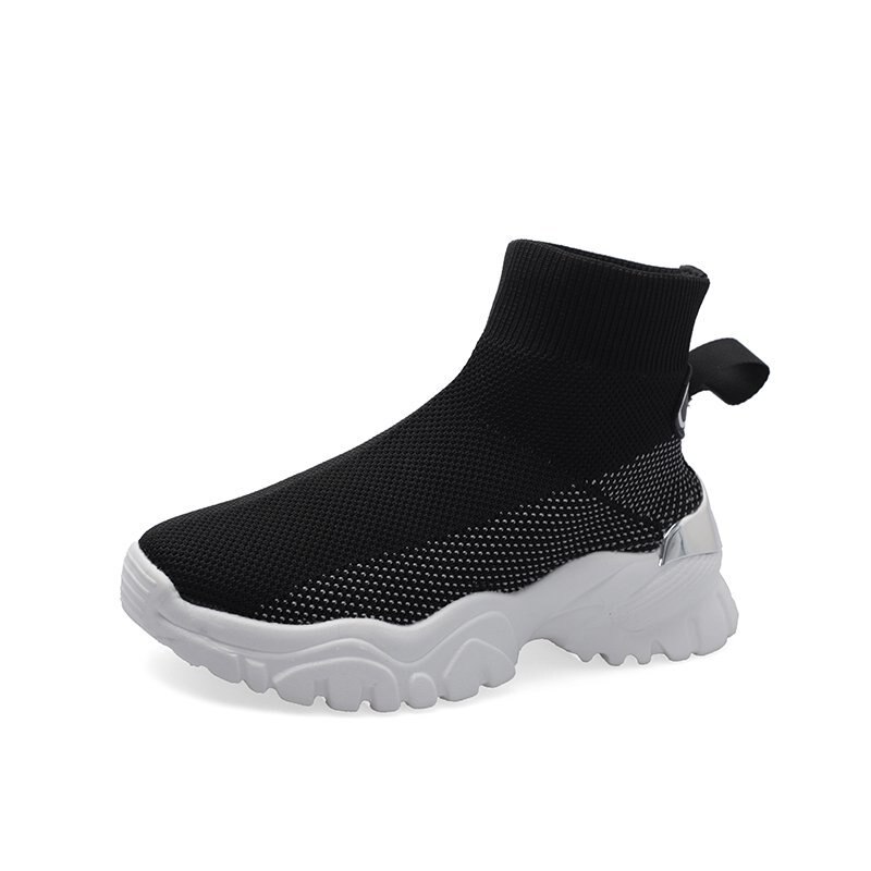 Fujin tykk joggesko pustende kvinner fast kile fjær høy topp sokker sko dame tykk bunn sko dame: Svart / 8