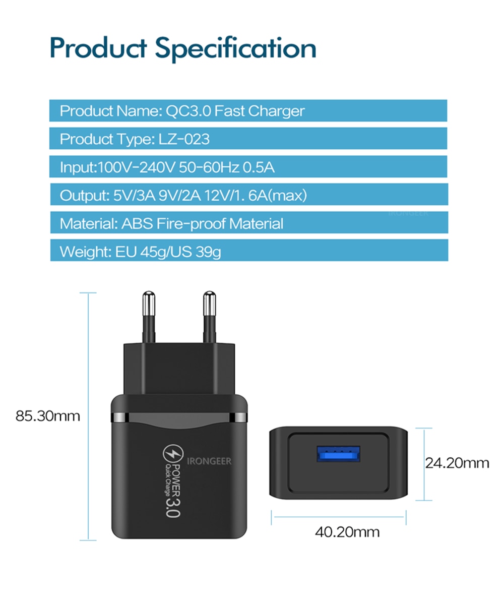 18W Quick Charge 4.0 3.0 USB Phone Charger Travel Wall Adapter 18W QC3.0 FCP Universal For iPhone Samsung Huawei EU Plug Charger