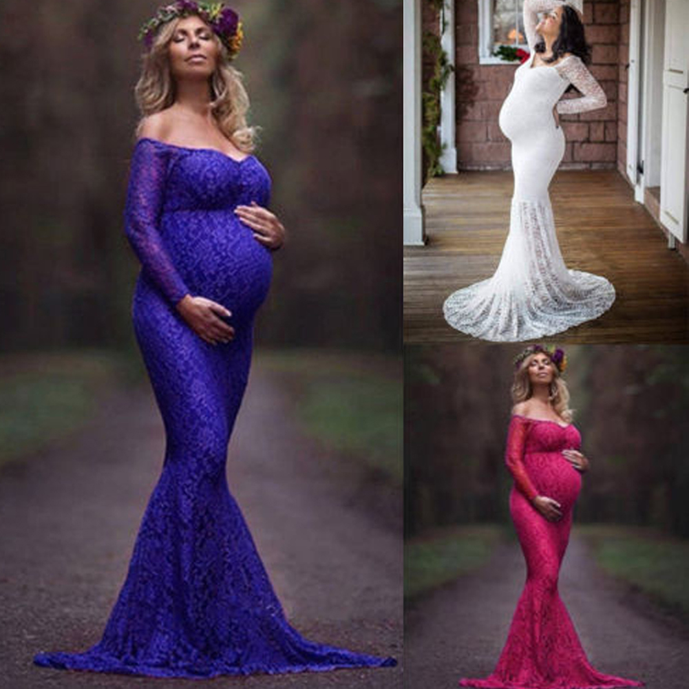 Neue Frau Mutterschaft Spitze Off Schulter V-ausschnitt Lange Maxi Kleid Kleid für Schwangere Frauen Fotografie Prop