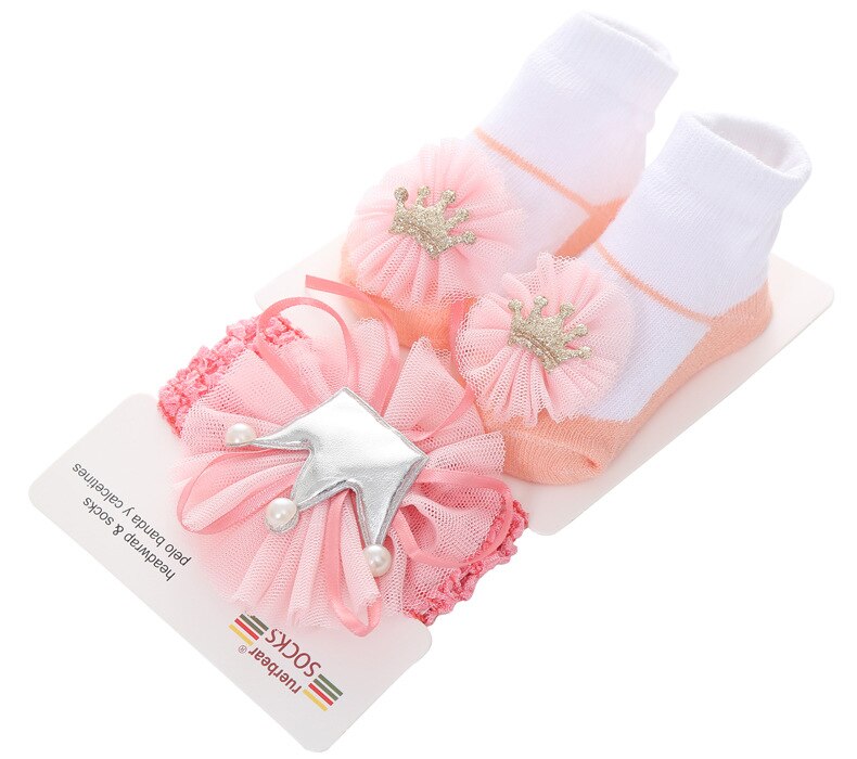 Belle bébé filles paillettes étoile gaze fleur décoré anti-dérapant coton cheville chaussettes avec élastique bandeau ensemble