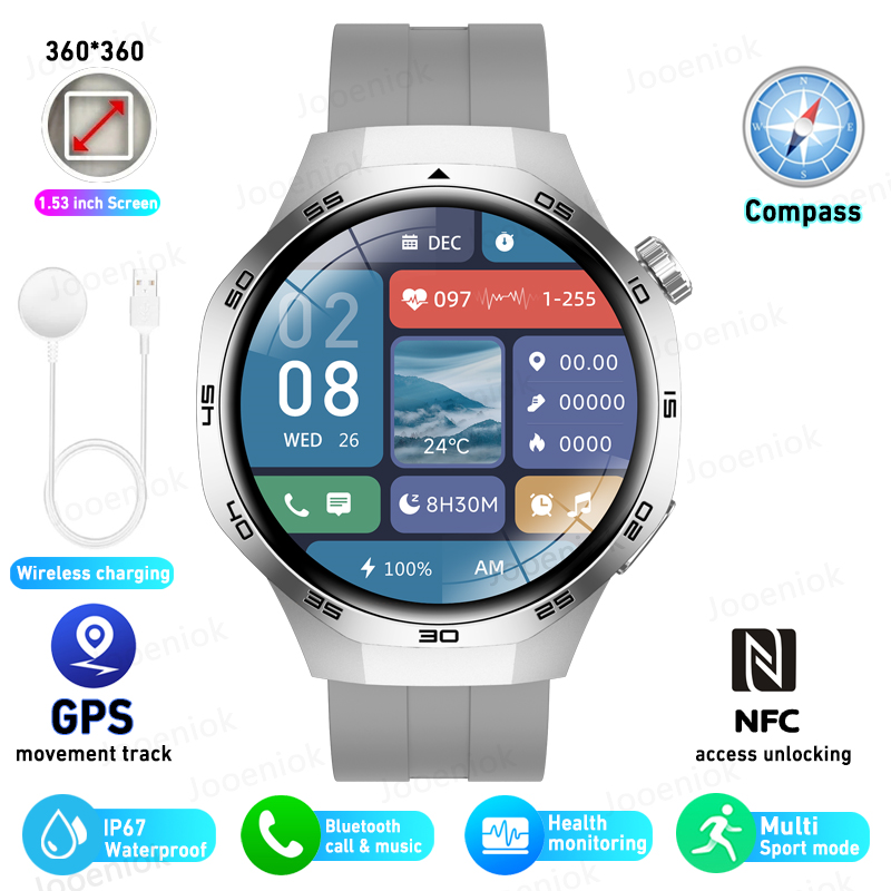Smartwatch 2025 dla mężczyzn Huawei Kompas sportowy Na zewnątrz NFC Połączenie Bluetooth GPS Tętno Zdrowie Wodoodporny Smartwatch pogodowy: czarny
