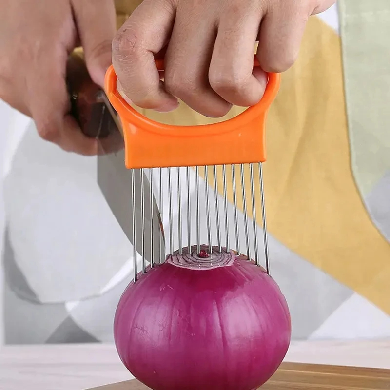 Support de coupe d'oignon en acier inoxydable, trancheur alimentaire, Assistant de tomate, support de trancheur d'oignon, fourchette de coupe de légumes, Gadgets de cuisine