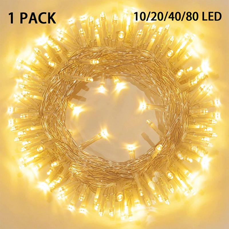1 paquete de 10/20/40/80 luces Led con batería, guirnaldas de luces impermeables para dormitorio, jardín, , decoraciones para árboles de Navidad: Color blanco cálido / 0-5 W