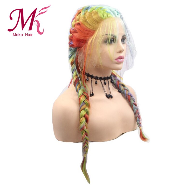Moko Hair-peluca arcoíris trenzada de colores, peluca con malla frontal Rubia de parte media con pelo Natural, pelucas con doble Trenza para mujeres negras