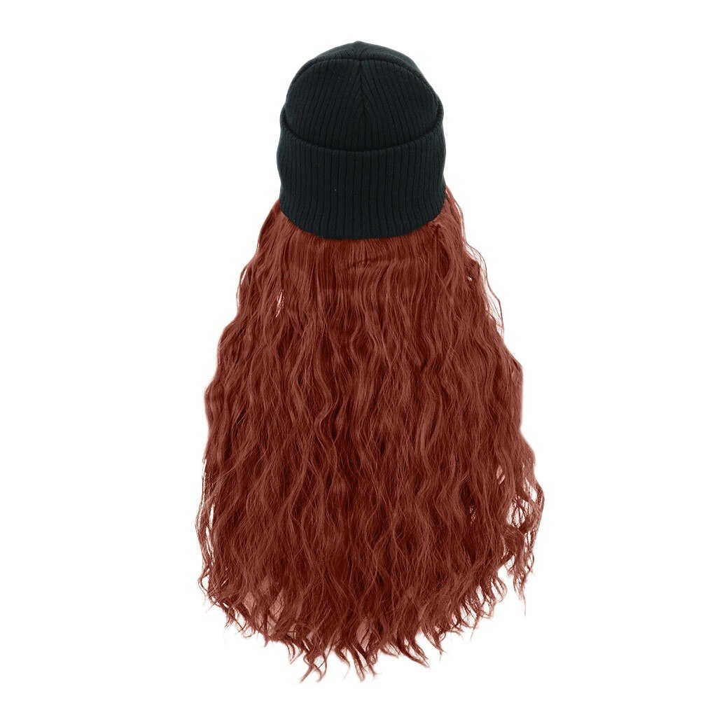 Synthetische Lang Krullend Knit Skiën Winter Hoeden Met Haar Pruik Beanie Bevestigd Hoed Pruik Voor Meisje Hangen Natuurlijke Katoen gemaakt #128: Rood