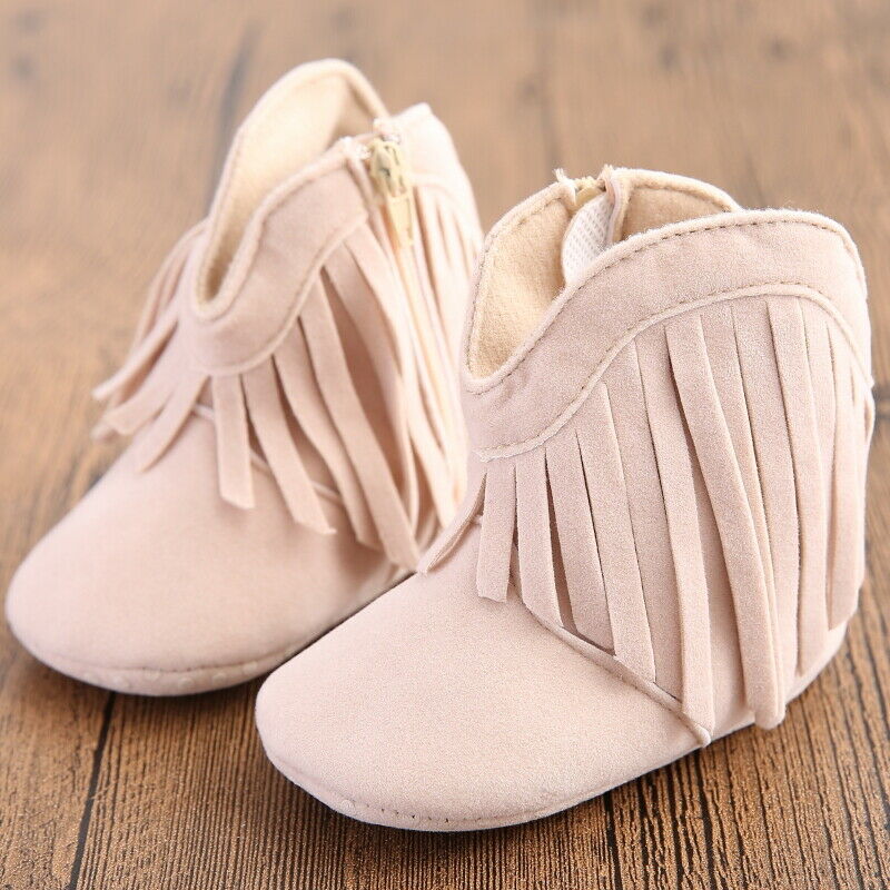 Pasgeboren Baby Baby Meisje Zachte Zool Laarzen Kwasten Mocassins Crib Schoenen Schattige Baby Meisje Schoenen: Beige / 7-12 Months