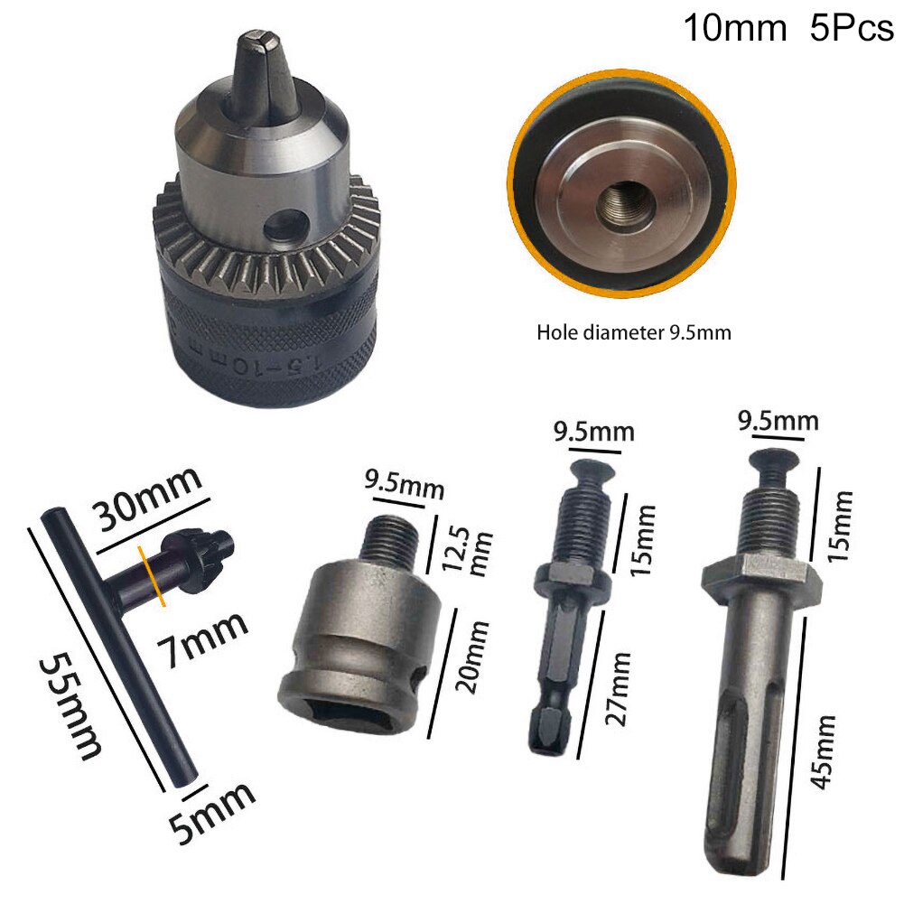 Adaptador de mandril de broca, 5 peças 6.5/10/13/16mm conversor sem chave haste haste mandril braçadeira 0.6-6.5mm/0.8-10mm/2-13mm/3-16mm