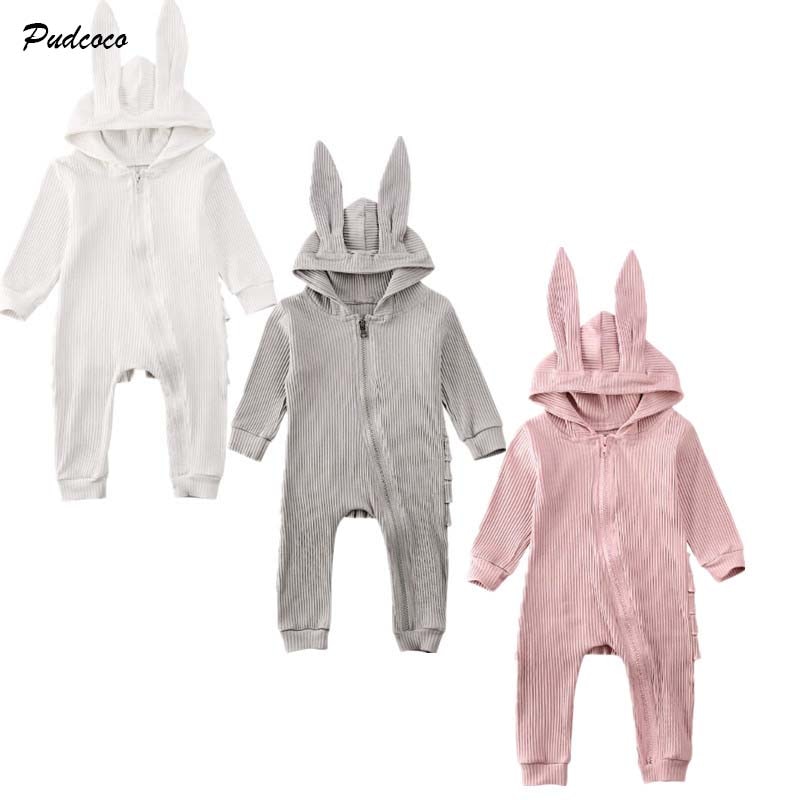 Schattige Kinderen Baby Meisje Jongen Lange Mouw Gebreide Ruches Romper Spirng Effen 3D Oren Capuchon Rits Jumpsuit Overall kleding