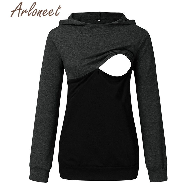 ARLONEET Clothes Women Hooded Sweatershirt Maternity Tops Zipper Loose Nursing Sweatershirt Long Sleeve Winter Pregnant Clothes: Dark Grey / XL