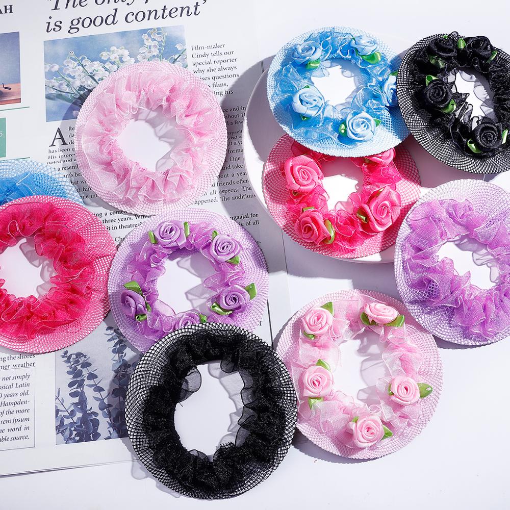 8.5cm Cute Flower Girls 2-5Pcs Bun Hair Nets Adjustable Kids 5 Colors Ballet Dance Examination Elastic Hair-net Styling Braider