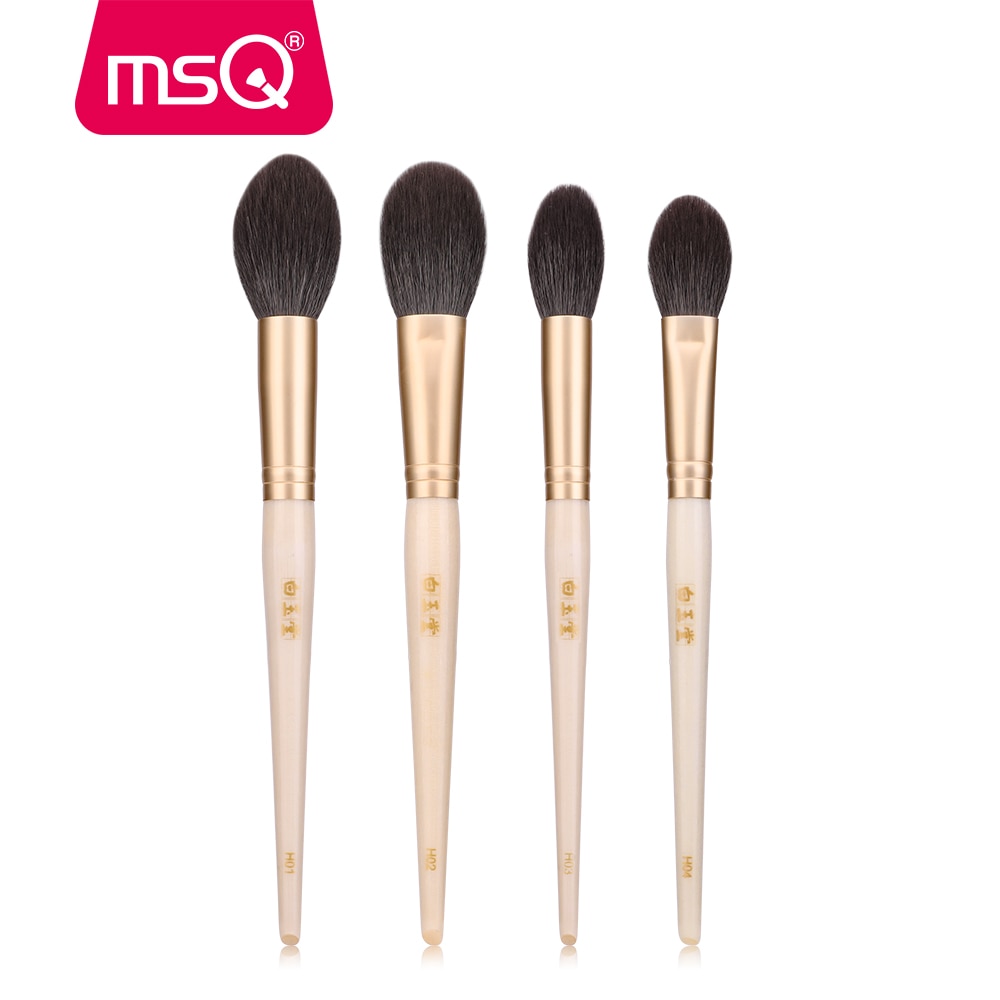 Msq 2 st sminkborstar set gethår highlight blusher puder stora sminkborstsatser guldhylsa naturligt trähandtag